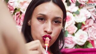 Naughty step-sister in her little pink girl room rubs her pussy, shoves huge dildo and not satisfied sticks a cucumber in wet pu