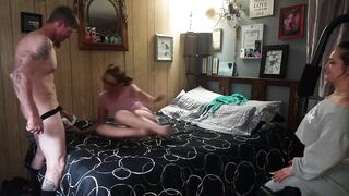 friend watches her get fucked hard doggie style while on the phone with her boyfriend