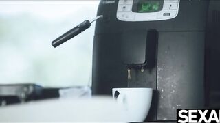 Beautiful black Brazilian babe gets her fix of caffeine and cock